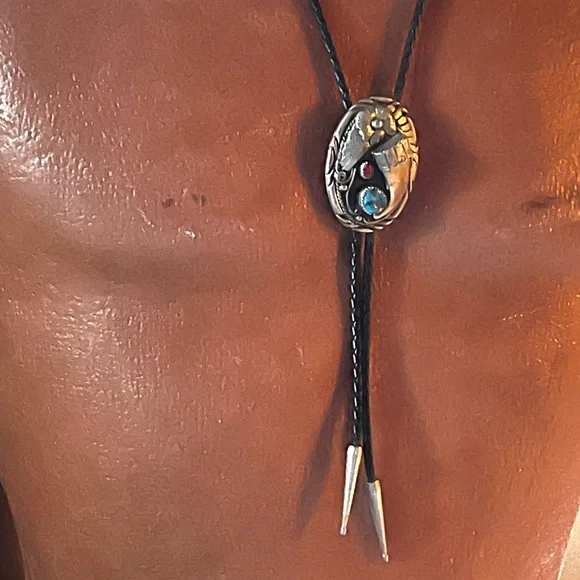 Navajo Turquoise, Coral, & Claw Bolo Tie - Picture 4 of 15